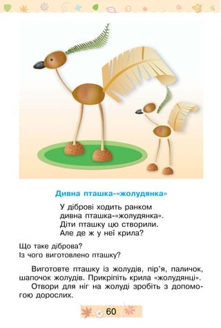60
Дивна пташка-«жолудянка»
У діброві ходить ранком
дивна пташка-«жолудянка».
Діти пташку цю створили.
Але де ж у неї крила?
Що таке діброва?
Із чого виготовлено пташку?
Виготовте пташку із жолудів, пір’я, паличок,
ша­почок жолудів. Прикріпіть крила «жолудянці».
Отвори для ніг на жолуді зробіть з допомо-
гою дорослих.
 