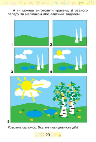 29
А ти можеш виготовити краєвид зі рваного
паперу за малюнком або власним задумом.
Розглянь малюнок. Яка тут послідовність дій?
1 2
3 4
5
 