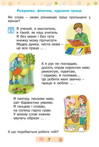 7
Розумова, фізична, художня праця
Які слова – назви різновидів праці пропущено у
­віршах?
Я учений, я мислитель,
я такий, як наш учитель.
Я без мами і без тата
книжку можу прочитати.
Мудра думка, чиста мова –
це все праця … .
А я рук не покладаю,
досить справ корисних маю:
ремонтую, підмітаю,
і саджаю, й поливаю...
Це робити мені звично –
працю я люблю … .
Я палітру, пензлик маю,
світ барвистим уявляю.
Я танцюю і співаю,
на сопілці гарно граю.
У моєму слові кожнім
звучать образи ... .
А що подобається робити тобі?
 