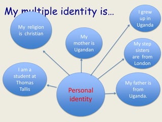 My multiple identity is…
Personal
identity
My
mother is
Ugandan
I grew
up in
Uganda
I am a
student at
Thomas
Tallis
My step
sisters
are from
London
My father is
from
Uganda.
My religion
is christian
