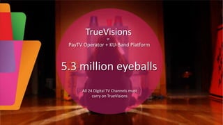 TrueVisions

=
PayTV Operator + KU-Band Platform

5.3 million eyeballs
All 24 Digital TV Channels must
carry on TrueVisions

 