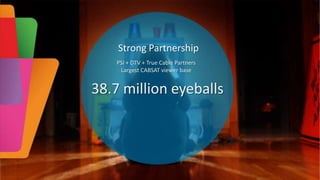 Strong Partnership
PSI + DTV + True Cable Partners
Largest CABSAT viewer base

38.7 million eyeballs

 