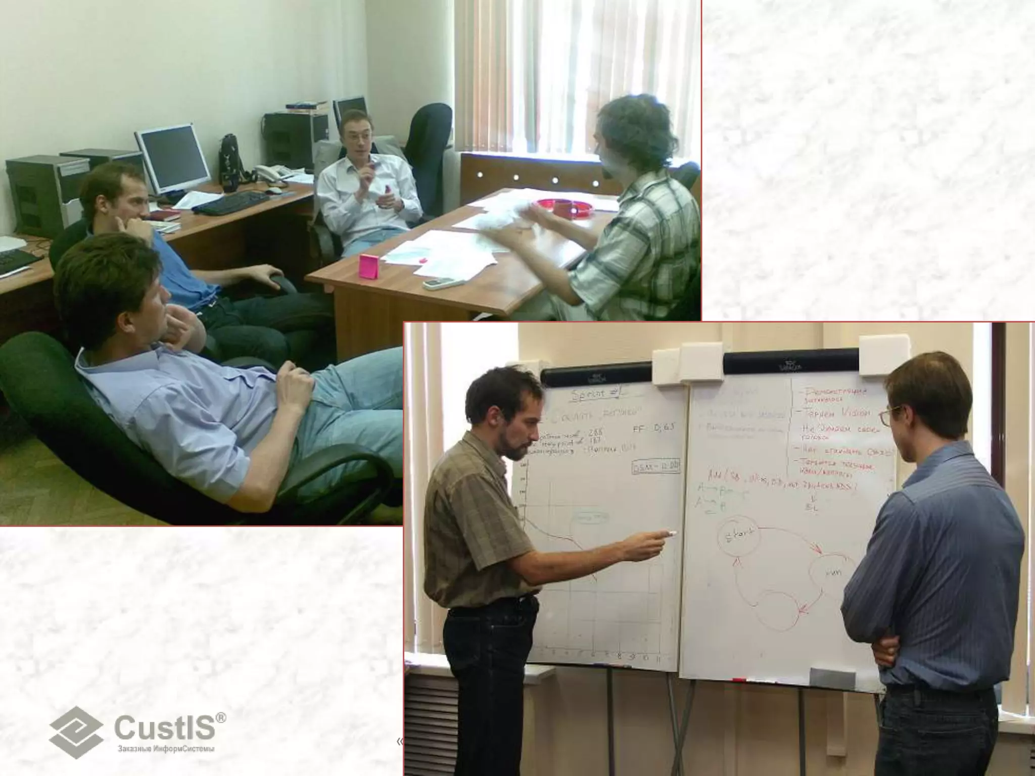 5. Блин, я уже почти доделал мега-фичу в нашем провайдере Qlin. Осталось полденька. Дальше что-нибудь возьму по приоритету.6. Ты опять столь же оптимистичен,как вчера?  Даже уже про следующий таск говоришь?6. ???7. Ну,вчера ты говорил примерно то же самое: «Осталось немного» 8. Подколол!  Сегодня точно дожму!. . .Daily Scrum в середине