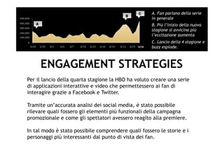 A. Fan parlano della serie
                                                     in generale
                                                     B. Più l’inizio della nuova
                                                     stagione si avvicina più
                                                     l’eccitazione aumenta
                                                     C. Lancio della 4 stagione e
                                                     buzz esplode.



     ENGAGEMENT STRATEGIES
Per il lancio della quarta stagione la HBO ha voluto creare una serie
di applicazioni interattive e video che permettessero ai fan di
interagire grazie a Facebook e Twitter.

Tramite un’accurata analisi dei social media, è stato possibile
rilevare quali fossero gli elementi più funzionali della campagna
promozionale e come gli spettatori avessero reagito alla premiere.

In tal modo è stato possibile comprendere quali fossero le storie e i
personaggi più interessanti dal punto di vista dei fan.
 