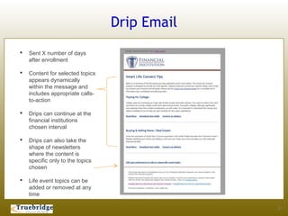 Drip Email
   Sent X number of days
    after enrollment

   Content for selected topics
    appears dynamically
    within the message and
    includes appropriate calls-
    to-action

   Drips can continue at the
    financial institutions
    chosen interval

   Drips can also take the
    shape of newsletters
    where the content is
    specific only to the topics
    chosen

   Life event topics can be
    added or removed at any
    time

                                               21
 