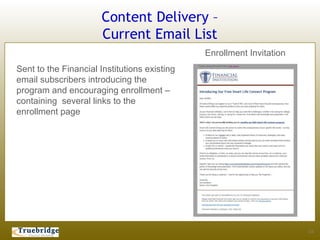 Content Delivery –
                       Current Email List
                                              Enrollment Invitation
Sent to the Financial Institutions existing
email subscribers introducing the
program and encouraging enrollment –
containing several links to the
enrollment page




                                                                      23
 