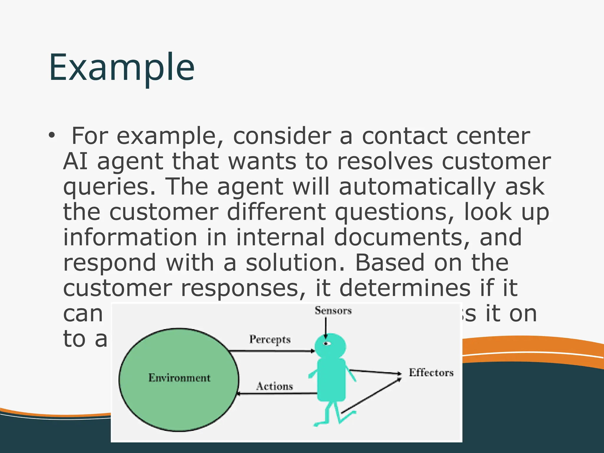 Example
• For example, consider a contact center
AI agent that wants to resolves customer
queries. The agent will automatically ask
the customer different questions, look up
information in internal documents, and
respond with a solution. Based on the
customer responses, it determines if it
can resolve the query itself or pass it on
to a human.
 