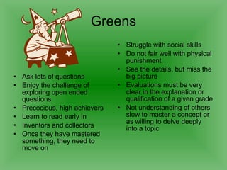 Greens Ask lots of questions  Enjoy the challenge of exploring open ended questions  Precocious, high achievers Learn to read early in Inventors and collectors Once they have mastered something, they need to move on Struggle with social skills Do not fair well with physical punishment See the details, but miss the big picture Evaluations must be very clear in the explanation or qualification of a given grade  Not understanding of others slow to master a concept or as willing to delve deeply into a topic  