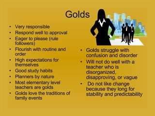 Golds Very responsible  Respond well to approval  Eager to please (rule followers) Flourish with routine and order  High expectations for themselves  Good study habits Planners by nature  Most elementary level teachers are golds  Golds love the traditions of family events  Golds struggle with confusion and disorder  Will not do well with a teacher who is disorganized, disapproving, or vague Do not like change because they long for stability and predictability  