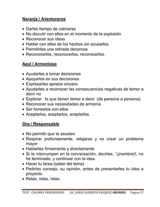 Naranja / Aventureros

  Darles tiempo de calmarse
  No discutir con ellos en el momento de la explosión
  Reconocer sus ideas
  Hablar con ellos de los hechos sin acusarlos
  Permitirles una retirada decorosa
  Reconocerlos, reconocerlos, reconocerlos.

Azul / Armonioso

  Ayudarles a tomar decisiones
  Apoyarlos en sus decisiones
  Expresarles aprecio sincero
  Ayudarles a reconocer las consecuencias negativas de temor a
  decir no
  Explorar lo que tienen temor a decir (de persona a persona)
  Reconocer sus necesidades de armonía
  Ser honestos con ellos
  Aceptarlos, aceptarlos, aceptarlos.

Oro / Responsable

  No permitir que te asusten
  Respirar profundamente, relajarse y no crear un problema
  mayor
  Hablarles firmemente y directamente
  Si te interrumpen en la conversación, decirles, “¡(nombre)!, no
  he terminado, y continuar con la idea.
  Hacer tu tarea (saber del tema)
  Pedirles consejo, su opinión, antes de presentarles tu idea o
  proyecto.
  Relax, relax, relax.


TEST. COLORES VERDADEROS.   LIC. JORGE ALBERTO VAZQUEZ ABUNDIS   Página 17
 