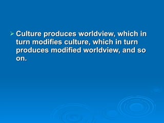 Culture produces worldview, which in turn modifies culture, which in turn produces modified worldview, and so on. 