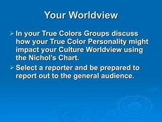 Your Worldview In your True Colors Groups discuss how your True Color Personality might impact your Culture Worldview using the Nichol’s Chart. Select a reporter and be prepared to report out to the general audience. 