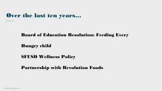 Research
Lowe’s + IDEO
Strategy Snapshot
Presentation
SFUSDFuturdining.org
Over the last ten years…
Board of Education Resolution: Feeding Every
Hungry child
SFUSD Wellness Policy
Partnership with Revolution Foods
 