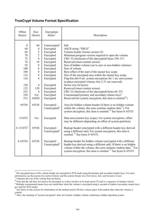 TrueCrypt Volume Format Specification


      Offset       Size         Encryption
      (bytes)     (bytes)        Status *                                           Description


            0          64      Unencrypted ‡        Salt
           64           4      Encrypted            ASCII string “TRUE”
           68           2      Encrypted            Volume header format version (5)
           70           2      Encrypted            Minimum program version required to open the volume
           72           4      Encrypted            CRC-32 checksum of the (decrypted) bytes 256–511
           76          16      Encrypted            Reserved (must contain zeroes)
           92           8      Encrypted            Size of hidden volume (set to zero in non-hidden volumes)
          100           8      Encrypted            Size of volume
          108           8      Encrypted            Byte offset of the start of the master key scope
          116           8      Encrypted            Size of the encrypted area within the master key scope
          124           4      Encrypted            Flag bits (bit 0 set: system encryption; bit 1 set: non-system
                                                    in-place-encrypted volume; bits 2-31 are reserved)
          128         4        Encrypted            Sector size (in bytes)
          132       120        Encrypted            Reserved (must contain zeroes)
          252         4        Encrypted            CRC-32 checksum of the (decrypted) bytes 64–251
          256      Var.        Encrypted            Concatenated primary and secondary master keys §
          512     65024        Encrypted            Reserved (for system encryption, this item is omitted††)

       65536      65536        Encrypted /          Area for hidden volume header (if there is no hidden volume
                               Unencrypted‡         within the volume, this area contains random data **). For
                                                    system encryption, this item is omitted. †† See bytes 0–65535.

      131072        Var.       Encrypted            Data area (master key scope). For system encryption, offset
                                                    may be different (depending on offset of system partition).

    S–131072 †    65536        Encrypted /          Backup header (encrypted with a different header key derived
                               Unencrypted‡         using a different salt). For system encryption, this item is
                                                    omitted. †† See bytes 0–65535.

     S–65536      65536        Encrypted /          Backup header for hidden volume (encrypted with a different
                               Unencrypted‡         header key derived using a different salt). If there is no hidden
                                                    volume within the volume, this area contains random data.** For
                                                    system encryption, this item is omitted. †† See bytes 0–65535.




*
   The encrypted areas of the volume header are encrypted in XTS mode using the primary and secondary header keys. For more
information, see the section Encryption Scheme and the section Header Key Derivation, Salt, and Iteration Count.
†
   S denotes the size of the volume host (in bytes).
‡
   Note that the salt does not need to be encrypted, as it does not have to be kept secret [7] (salt is a sequence of random values).
§
   Multiple concatenated master keys are stored here when the volume is encrypted using a cascade of ciphers (secondary master keys
are used for XTS mode).
**
   See below in this section for information on the method used to fill free volume space with random data when the volume is
created.
††
   Here, the meaning of "system encryption" does not include a hidden volume containing a hidden operating system.




                                                                 143
 