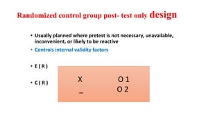 Randomized control group post- test only design
• Usually planned where pretest is not necessary, unavailable,
inconvenient, or likely to be reactive
• Controls internal validity factors
• E ( R )
• C ( R ) X O 1
_ O 2
 
