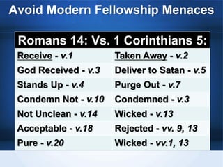 Romans 14: Vs. 1 Corinthians 5:
Receive - v.1 Taken Away - v.2
God Received - v.3 Deliver to Satan - v.5
Stands Up - v.4 Purge Out - v.7
Condemn Not - v.10 Condemned - v.3
Not Unclean - v.14 Wicked - v.13
Acceptable - v.18 Rejected - vv. 9, 13
Pure - v.20 Wicked - vv.1, 13
Avoid Modern Fellowship Menaces
 