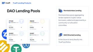 DAO Lending Pools Permissionless Lending
Permissionless pools aggregating
lender capital to crypto-native
borrowers, vette...