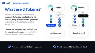 What are tfTokens?
tfTokens are tokenized "claim slips" that
,
proportional to their allocation into the
lending pool. 


...