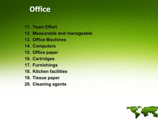 OfficeTeam EffortMeasurable and manageableOffice MachinesComputersOffice paperCartridgesFurnishingsKitchen facilitiesTissue paperCleaning agents