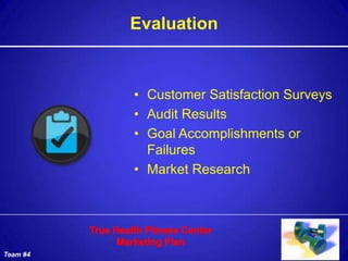 Evaluation



          • Customer Satisfaction Surveys
          • Audit Results
          • Goal Accomplishments or
            Failures
          • Market Research




Team #4
 