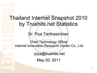 Thailand Internet Snapshot 2010
   by Truehits.net Statistics
          Dr. Piya Tanthawichian
             Chief Technology Officer
  Internet Innovation Research Center Co., Ltd.

              piya@truehits.net
                May 20, 2011
                                                  1
 
