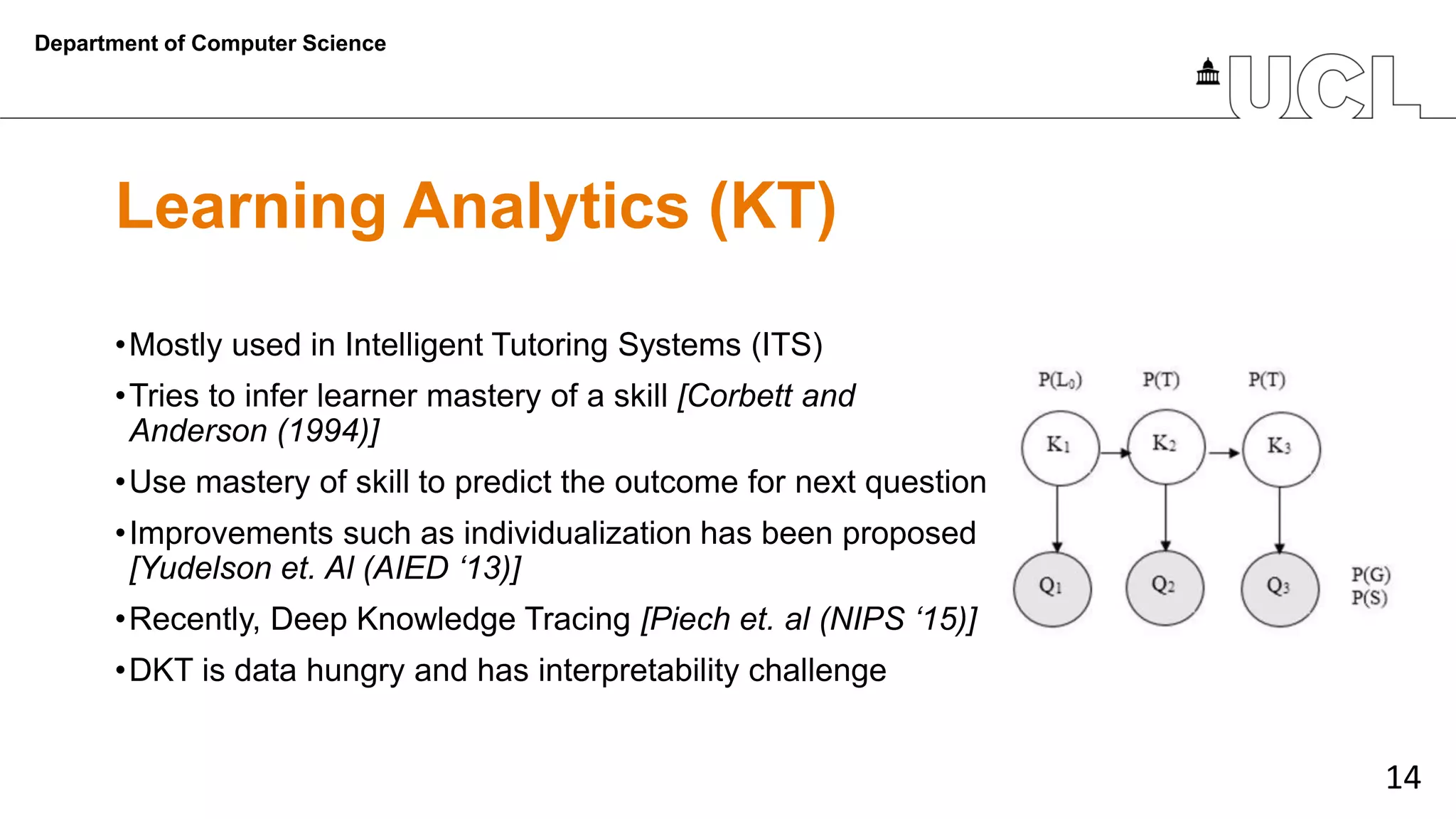 14
Learning Analytics (KT)
•Mostly used in Intelligent Tutoring Systems (ITS)
•Tries to infer learner mastery of a skill [Corbett and
Anderson (1994)]
•Use mastery of skill to predict the outcome for next question
•Improvements such as individualization has been proposed
[Yudelson et. Al (AIED ‘13)]
•Recently, Deep Knowledge Tracing [Piech et. al (NIPS ‘15)]
•DKT is data hungry and has interpretability challenge
Department of Computer Science
 