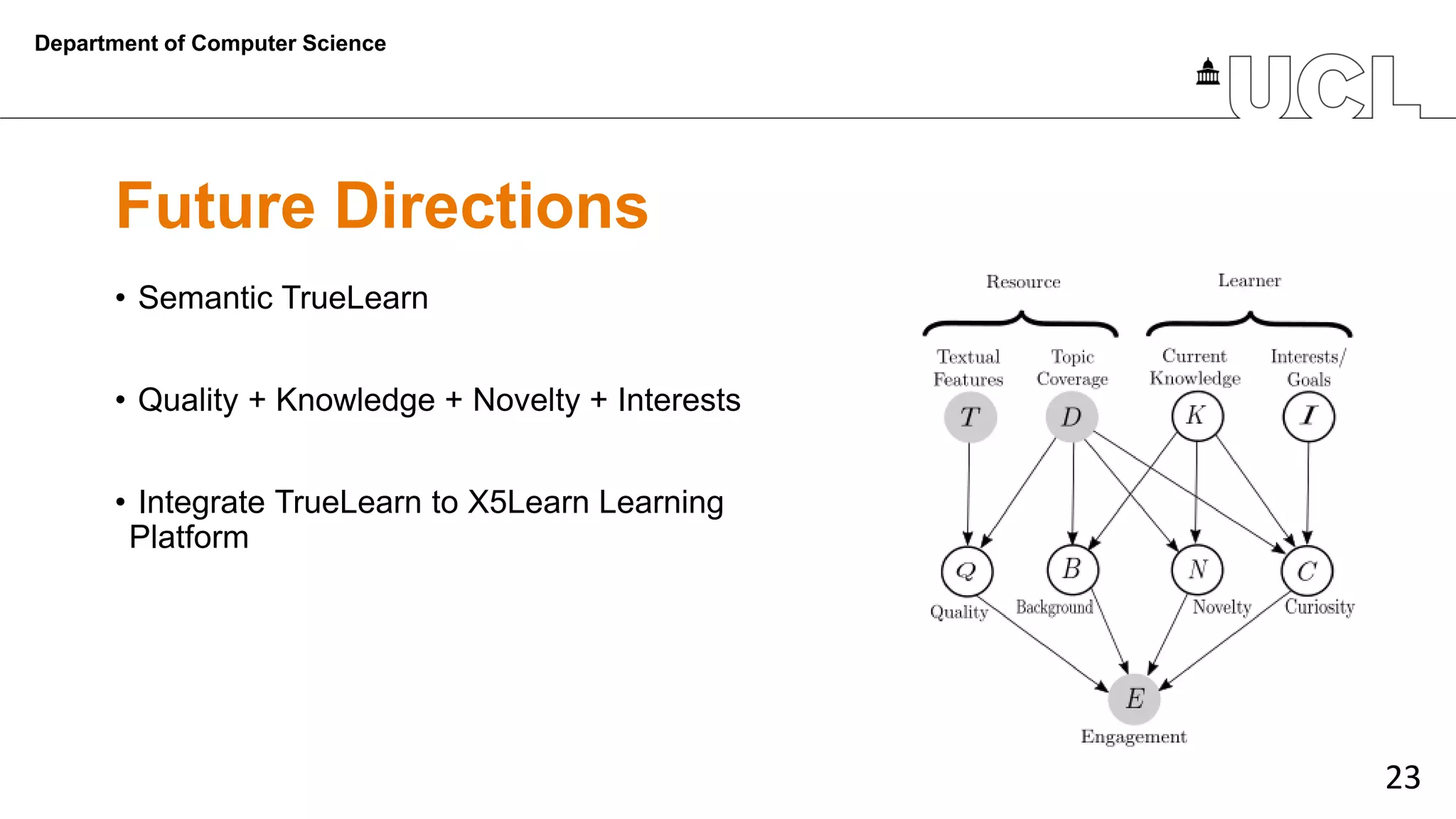 23
Future Directions
• Semantic TrueLearn
• Quality + Knowledge + Novelty + Interests
• Integrate TrueLearn to X5Learn Learning
Platform
Department of Computer Science
 