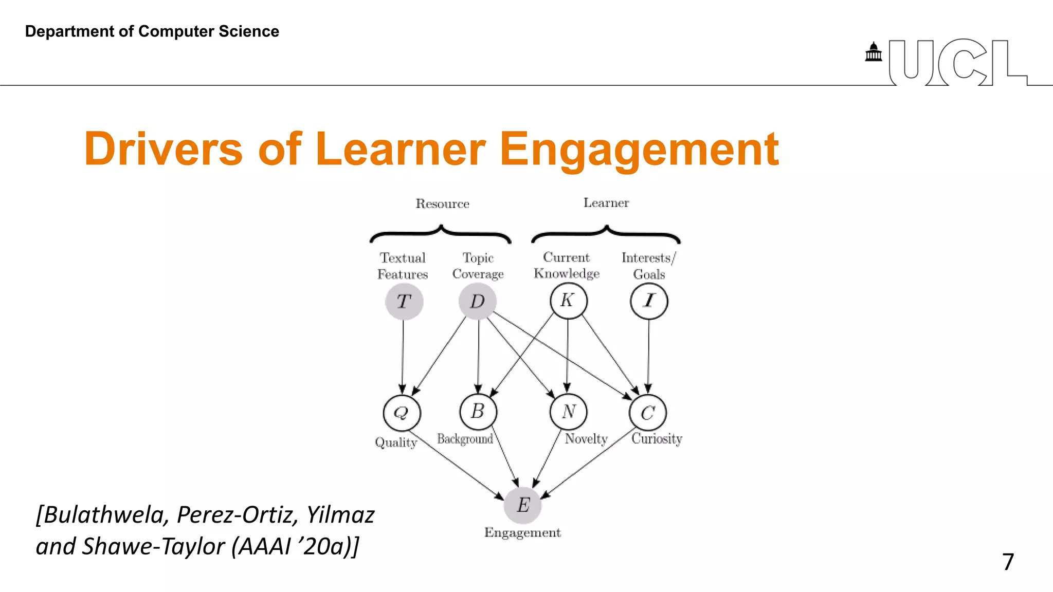 7
Drivers of Learner Engagement
Department of Computer Science
[Bulathwela, Perez-Ortiz, Yilmaz
and Shawe-Taylor (AAAI ’20a)]
 