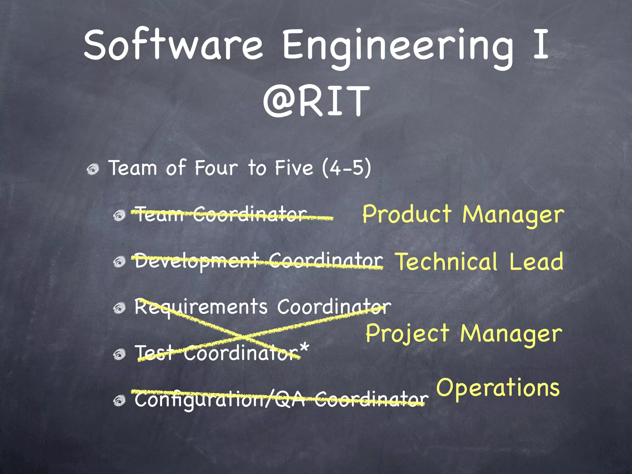 Software Engineering I
        @RIT
 Team of Four to Five (4-5)

   Team Coordinator       Product Manager
   Development Coordinator Technical Lead

   Requirements Coordinator
                          Project Manager
   Test Coordinator*

   Conﬁguration/QA Coordinator Operations
 