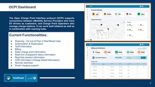 The Open Charge Point Interface protocol (OCPI) supports
connections between eMobility Service Providers who have
EV drivers as customers, and Charge Point Operators who
manage charge stations. It can work both bilateral as well as
in combination with roaming hubs.
Current Functionalities:
● Roaming - Via hub & Peer 2 Peer/Mixed roles
● Authorization & Reservation
● Tariff Information
● Billing
● Static charge point information
● Real time chargepoint status information
● Real time session information
● CDR information (Charge Detail Information)
● Remote start/stop
● Smart charging support
7
OCPI Dashboard
 