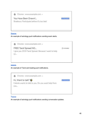 46
Source
An example of astrology push notifications sending event alerts.
source
An example of Tarot card reading push notifications.
Source
An example of astrology push notifications sending conversation updates.
 
