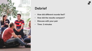 • How did different rounds feel?
• How did the results compare?
• Discuss with your pair
• Time: 2 minutes
Debrief
 