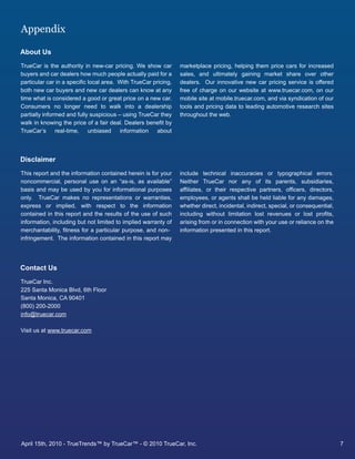 Appendix

About Us
TrueCar is the authority in new-car pricing. We show car         marketplace pricing, helping them price cars for increased
buyers and car dealers how much people actually paid for a       sales, and ultimately gaining market share over other
particular car in a specific local area. With TrueCar pricing,   dealers. Our innovative new car pricing service is offered
both new car buyers and new car dealers can know at any          free of charge on our website at www.truecar.com, on our
time what is considered a good or great price on a new car.      mobile site at mobile.truecar.com, and via syndication of our
Consumers no longer need to walk into a dealership               tools and pricing data to leading automotive research sites
partially informed and fully suspicious – using TrueCar they     throughout the web.
walk in knowing the price of a fair deal. Dealers benefit by
TrueCar’s real-time, unbiased information about




Disclaimer
This report and the information contained herein is for your     include technical inaccuracies or typographical errors.
noncommercial, personal use on an “as-is, as available”          Neither TrueCar nor any of its parents, subsidiaries,
basis and may be used by you for informational purposes          affiliates, or their respective partners, officers, directors,
only. TrueCar makes no representations or warranties,            employees, or agents shall be held liable for any damages,
express or implied, with respect to the information              whether direct, incidental, indirect, special, or consequential,
contained in this report and the results of the use of such      including without limitation lost revenues or lost profits,
information, including but not limited to implied warranty of    arising from or in connection with your use or reliance on the
merchantability, fitness for a particular purpose, and non-      information presented in this report.
infringement. The information contained in this report may




Contact Us
TrueCar Inc.
225 Santa Monica Blvd, 6th Floor
Santa Monica, CA 90401
(800) 200-2000
info@truecar.com

Visit us at www.truecar.com




April 15th, 2010 - TrueTrends™ by TrueCar™ - © 2010 TrueCar, Inc.                                                                   7
 