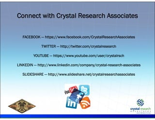 .
FACEBOOK — https://www.facebook.com/CrystalResearchAssociates
TWITTER — http://twitter.com/crystalresearch
YOUTUBE — htt...