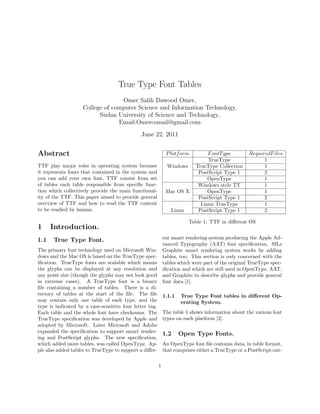 True Type Font Tables
                                  Omer Salih Dawood Omer,
                    College of computer Science and Information Technology,
                          Sudan University of Science and Technology,
                                 Email:Omercomail@gmail.com
                                              June 22, 2011


Abstract                                                      P latf orm        F ontT ype         RequiredF iles
                                                                                TrueType                 1
TTF play major roles in operating system because               Windows     TrueType Collection           1
it represents fonts that contained in the system and                        PostScript Type 1            2
you can add your own font, TTF consist from set                                 OpenType                 1
of tables each table responsible from speciﬁc func-                         Windows style TT             1
tion which collectively provide the main functional-          Mac OS X          OpenType                 1
ity of the TTF. This paper aimed to provide general                         PostScript Type 1            2
overview of TTF and how to read the TTF content                              Linux TrueType              1
to be readied by human.                                         Linux       PostScript Type 1            2

                                                                         Table 1: TTF in diﬀerent OS
1     Introduction.
1.1    True Type Font.                                       ent smart rendering system producing the Apple Ad-
                                                             vanced Typography (AAT) font speciﬁcation. SILs
The primary font technology used on Microsoft Win-           Graphite smart rendering system works by adding
dows and the Mac OS is based on the TrueType spec-           tables, too. This section is only concerned with the
iﬁcation. TrueType fonts are scalable which means            tables which were part of the original TrueType spec-
the glyphs can be displayed at any resolution and            iﬁcation and which are still used in OpenType, AAT,
any point size (though the glyphs may not look good          and Graphite to describe glyphs and provide general
in extreme cases). A TrueType font is a binary               font data [1].
ﬁle containing a number of tables. There is a di-
rectory of tables at the start of the ﬁle. The ﬁle           1.1.1   True Type Font tables in diﬀerent Op-
may contain only one table of each type, and the                     erating System.
type is indicated by a case-sensitive four letter tag.
Each table and the whole font have checksums. The            The table 1 shows information about the various font
TrueType speciﬁcation was developed by Apple and             types on each platform [2].
adopted by Microsoft. Later Microsoft and Adobe
expanded the speciﬁcation to support smart render-           1.2     Open Type Fonts.
ing and PostScript glyphs. The new speciﬁcation,
which added more tables, was called OpenType. Ap-            An OpenType font ﬁle contains data, in table format,
ple also added tables to TrueType to support a diﬀer-        that comprises either a TrueType or a PostScript out-


                                                         1
 
