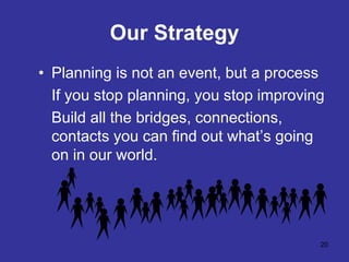 20
Our Strategy
• Planning is not an event, but a process
If you stop planning, you stop improving
Build all the bridges, ...