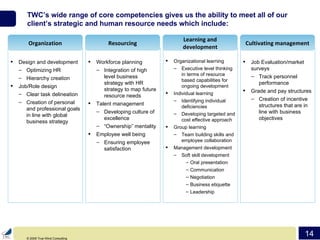 TWC’s wide range of core competencies gives us the ability to meet all of our client’s strategic and human resource needs which include: Design and development Optimizing HR Hierarchy creation Job/Role design Clear task delineation Creation of personal and professional goals in line with global business strategy Organization Workforce planning Integration of high level business strategy with HR strategy to map future resource needs Talent management Developing culture of excellence “ Ownership” mentality Employee well being Ensuring employee satisfaction Resourcing Organizational learning Executive level thinking in terms of resource based capabilities for ongoing development Individual learning Identifying individual deficiencies Developing targeted and cost effective approach Group learning Team building skills and employee collaboration Management development Soft skill development  Oral presentation Communication Negotiation Business etiquette Leadership Learning and development Job Evaluation/market surveys Track personnel performance Grade and pay structures Creation of incentive structures that are in line with business objectives Cultivating management 