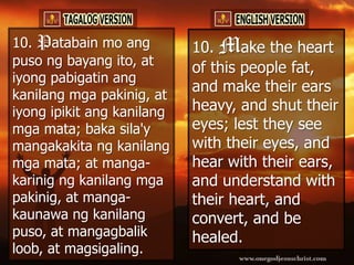 10. Patabain mo ang         10. Make the heart
puso ng bayang ito, at
                            of this people fat,
iyong pabigatin ang
                            and make their ears
kanilang mga pakinig, at
iyong ipikit ang kanilang   heavy, and shut their
mga mata; baka sila'y       eyes; lest they see
mangakakita ng kanilang     with their eyes, and
mga mata; at manga-         hear with their ears,
karinig ng kanilang mga     and understand with
pakinig, at manga-          their heart, and
kaunawa ng kanilang         convert, and be
puso, at mangagbalik        healed.
loob, at magsigaling.
 