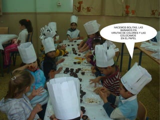 HACEMOS BOLITAS, LAS BAÑAMOS EN VIRUTAS DE COLORES Y LAS COLOCAMOS EN EL PAPEL