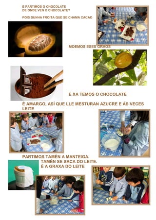 E PARTIMOS O CHOCOLATE
DE ONDE VEN O CHOCOLATE?

POIS DUNHA FROITA QUE SE CHAMA CACAO




                       MOEMOS ESES GRAOS




                       E XA TEMOS O CHOCOLATE

É AMARGO, ASÍ QUE LLE MESTURAN AZUCRE E ÁS VECES
LEITE




PARTIMOS TAMÉN A MANTEIGA.
       TAMÉN SE SACA DO LEITE.
       É A GRAXA DO LEITE
 