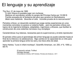 El lenguaje y su aprendizaje The Sun, 21 de mayo de 1985      "A John Wayne le gustaba jugar con muñecas       Medicos sin escrúpulos venden la sangre del Príncipe Carlos por 10.000 $       Familia acosada por el fantasma del pavo que cenaron en Nochebuena       Bebé nace hablando.  Describe el cielo.  Increíble prueba de la reencarnación " Periodos críticos: un desarrollo cerebral que exige ciertas experiencias en unos momentos concretos no parece un sistema fiable... pero los periodos críticos son logros de la ingeniería biológica, adaptables, ingeniosos y eficaces, que facilitan la construccion de unos sistemas nerviosos muy complejos Características muy básicas, necesarias para la supervivencia y el éxito reproductor. El periodo crítico para el aprendizaje del primer lenguaje se puede extender hasta el final de la infancia o la adolescencia.  Algo cambia en la capacidad de un niño para aprender la primera lengua entre los seis y los trece años de edad. Harry Harlow, "Love in infant monkeys", Scientific American, vol. 200, nº 6, 1959, p. 68-74. El pequeño salvaje , Truffaut.  Santiago Navajas Universidad de Cordoba, CEP Córdoba, Filmoteca de Andalucía.  2011 