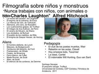 Filmografía sobre niños y monstruos  " Nunca trabajes con niños, con animales o con  Charles Laughton "   Alfred Hitchcock Niños La noche del cazador, de Laughton El espíritu de la colmena, de Erice La infancia de Iván, de Tarkosvki Alemania, año cero, de Rossellini Los cuatrocientos golpes, de Truffaut El milagro de Ana Sullivan, de Penn El verano de Kikujiro, de Kitano Los olvidados, de Buñuel El pueblo de los malditos, de Rilla El enigma de Gaspar Hauser, de Herzog Aliens El hombre elefante, de Lynch Máscara, de Bodganovich Centauros del desierto, de Ford Frankenstein, de Whale Freaks, de Browning Perro blanco, de Fuller Blade Runner, de Scott Alien, de Scott El silencio de los corderos, de Demme Pedagogía El club de los poetas muertos, Weir Rebelión en las aulas, Clavell Hoy empieza todo, Tavernier La clase, Cantet El indomable Will Hunting, Gus van Sant Santiago Navajas El pequeño salvaje , Truffaut.  Universidad de Cordoba, CEP Córdoba, Filmoteca de Andalucía.  2011 