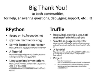 RPython
• #pypy on irc.freenode.net
• rpython.readthedocs.org
• Kermit Example interpreter
https://bitbucket.org/pypy/example-interpreter
• A Tutorial
http://morepypy.blogspot.be/2011/04/tutorial-
writing-interpreter-with-pypy.html
• Language implementations
https://www.evernote.com/shard/s130/sh/4d42
a591-c540-4516-9911-
c5684334bd45/d391564875442656a514f7ece5
602210
Truffle
• http://mail.openjdk.java.net/
mailman/listinfo/graal-dev
• SimpleLanguage interpreter
https://github.com/OracleLabs/GraalVM/tree/mast
er/graal/com.oracle.truffle.sl/src/com/oracle/truffle
/sl
• A Tutorial
http://cesquivias.github.io/blog/2014/10/13/writin
g-a-language-in-truffle-part-1-a-simple-slow-
interpreter/
• Project
– http://www.ssw.uni-
linz.ac.at/Research/Projects/JVM/Truffle.html
– http://www.oracle.com/technetwork/oracle-
labs/program-languages/overview/index-
2301583.html 66
Big Thank You!
to both communities,
for help, answering questions, debugging support, etc…!!!
 