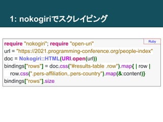 1: nokogiriでスクレイピング
require "nokogiri"; require "open-uri"
url = "https://2021.programming-conference.org/people-index"
doc = Nokogiri::HTML(URI.open(url))
bindings["rows"] = doc.css("#results-table .row").map{ | row |
row.css(".pers-affiliation,.pers-country").map(&:content)}
bindings["rows"].size
Ruby
 
