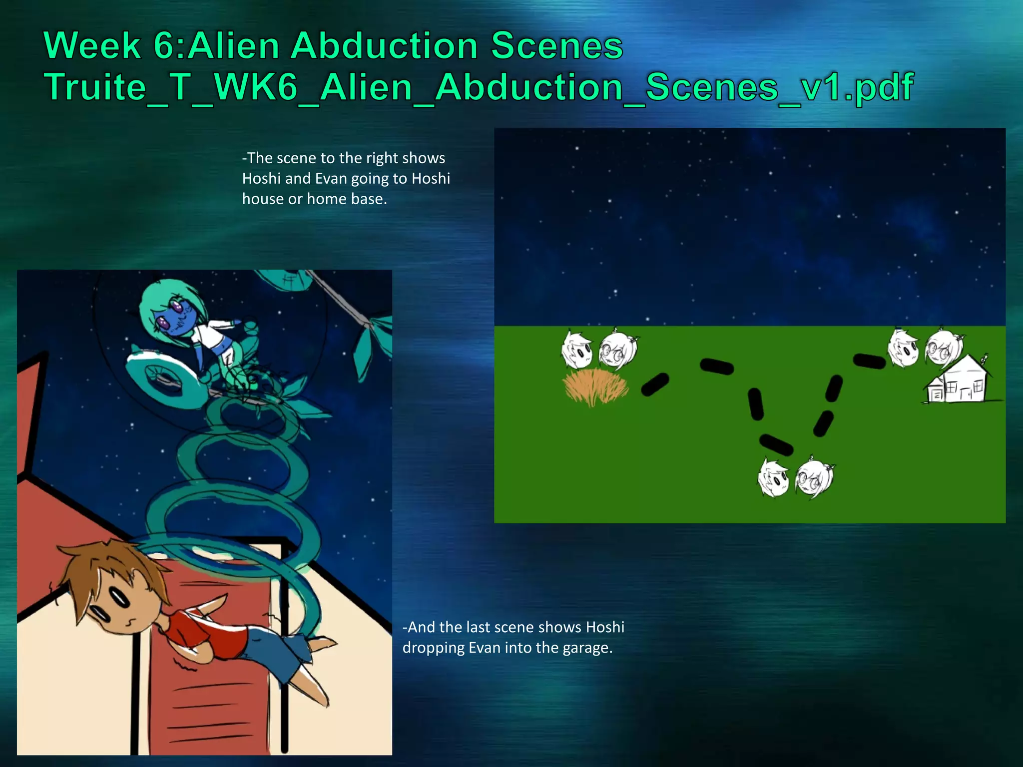 -The scene to the right shows
Hoshi and Evan going to Hoshi
house or home base.
-And the last scene shows Hoshi
dropping Evan into the garage.
 