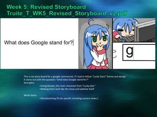 This is my story board for a google commercial, if I had to follow “Lucky Stars” theme and design.
It starts out with the question “what does Google stand for?”
Strengths:
=Using Konata, the main character from “Lucky Star”
=Making them look like the show and website itself
Weak Spots:
=Storyboarding (To be specific including camera views.)
 
