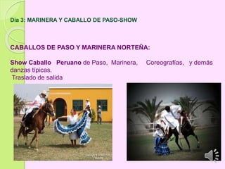 Día 3: MARINERA Y CABALLO DE PASO-SHOW
CABALLOS DE PASO Y MARINERA NORTEÑA:
Show Caballo Peruano de Paso, Marinera, Coreografías, y demás
danzas típicas.
Traslado de salida
 
