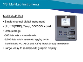 YSI MultiLab Instruments 
MultiLab 4010-1 
• 
Single channel digital instrument 
• 
pH, mV(ORP), Temp, DO/BOD, cond. 
• 
Data storage 
-500 data sets in manual mode 
-5,000 data sets in automatic logging mode 
-Send data to PC (ASCII and .CSV); import directly into Excel® 
• 
Large, easy to read backlit graphic display  