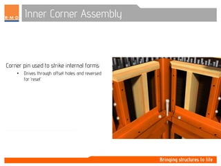 Inner Corner Assembly
Corner pin used to strike internal forms:
• Drives through offset holes and reversed
for ‘reset’.
 