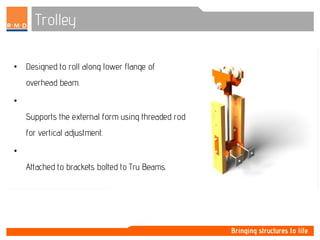 Trolley
• Designed to roll along lower flange of
overhead beam.
•
Supports the external form using threaded rod
for vertical adjustment.
•
Attached to brackets bolted to Tru Beams.
 